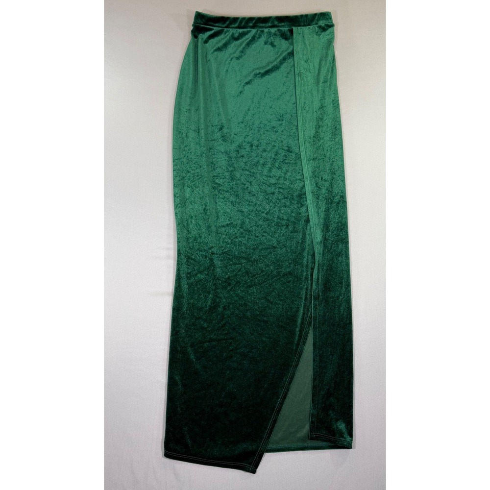 Green Crushed Velvet Maxi Wrap Skirt High Slit XL Whimsigoth Forestcore Holiday